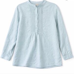 L.L. Bean Linen Blouse Aqua Blue Green PIntuck Top Long Sleeve Large